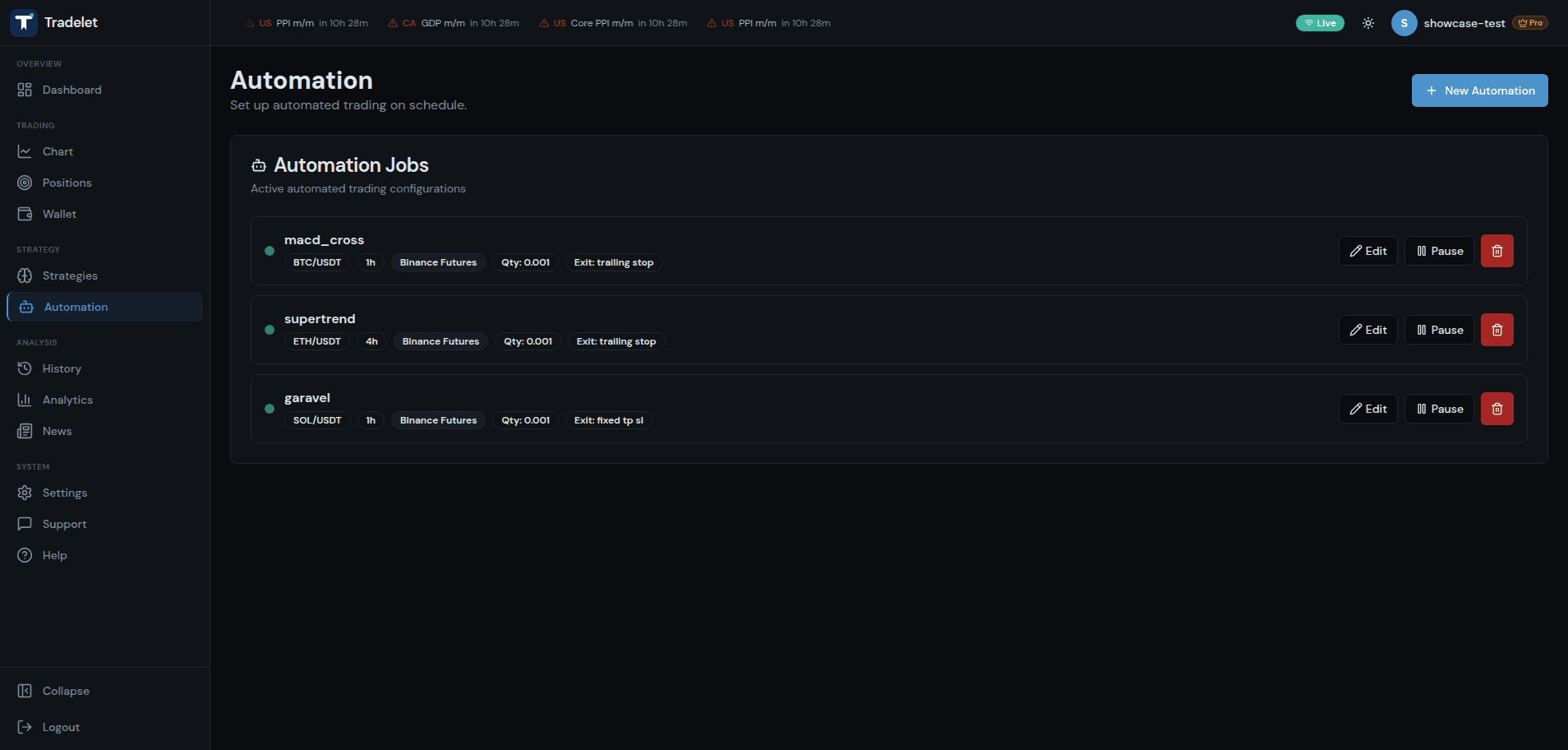 Automation jobs — hands-free trading on schedule