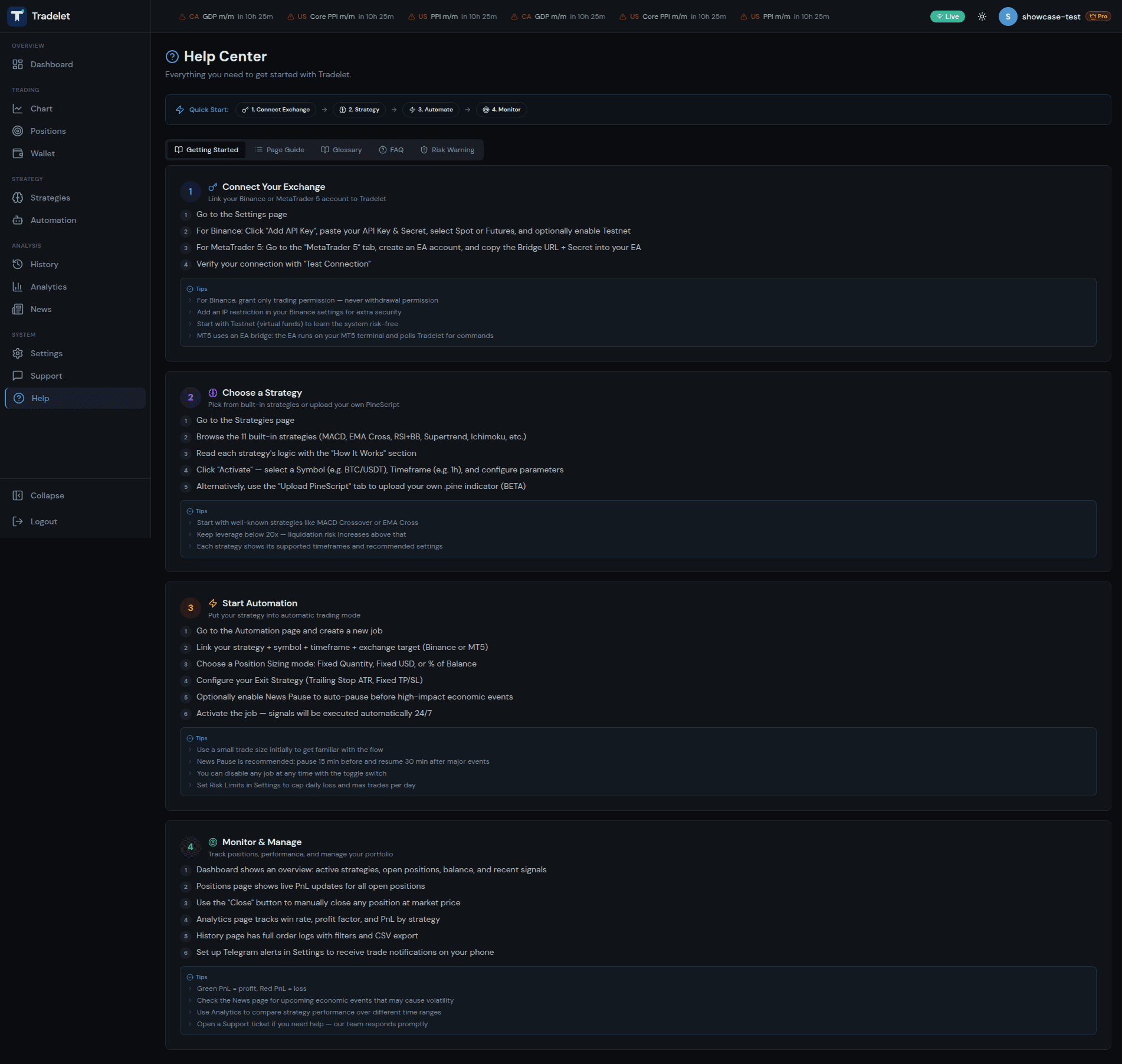 Help center with getting started guide, page guide, glossary, FAQ