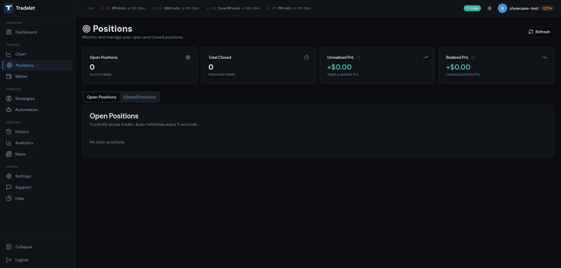 Open and closed positions with PnL tracking