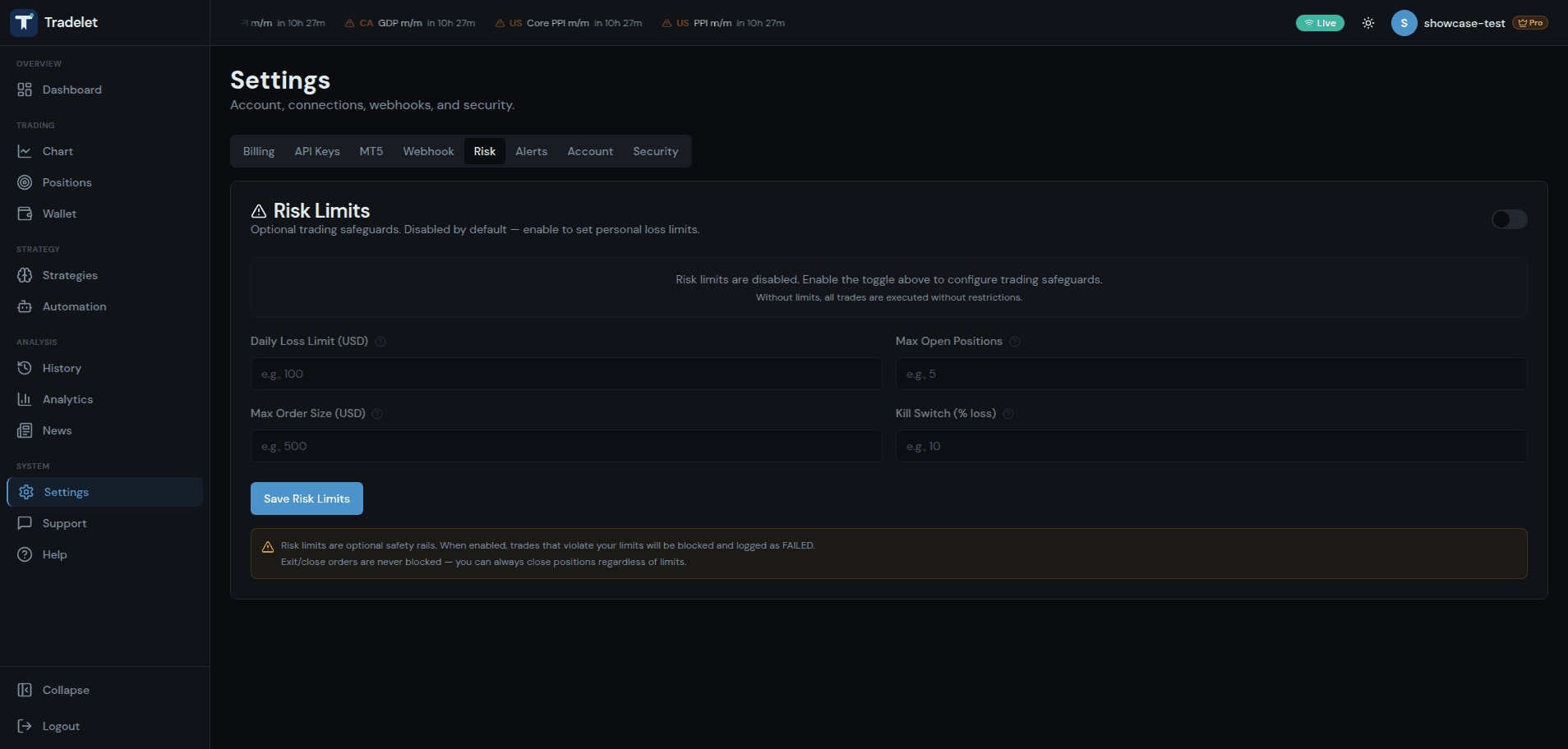 Risk limits — daily loss, max positions, max order size, kill switch