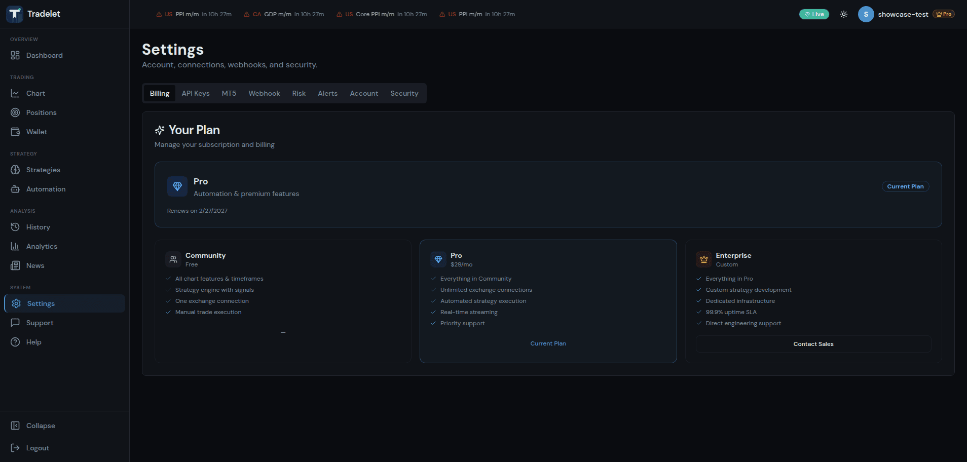 Settings with billing plans — Community, Pro, Enterprise