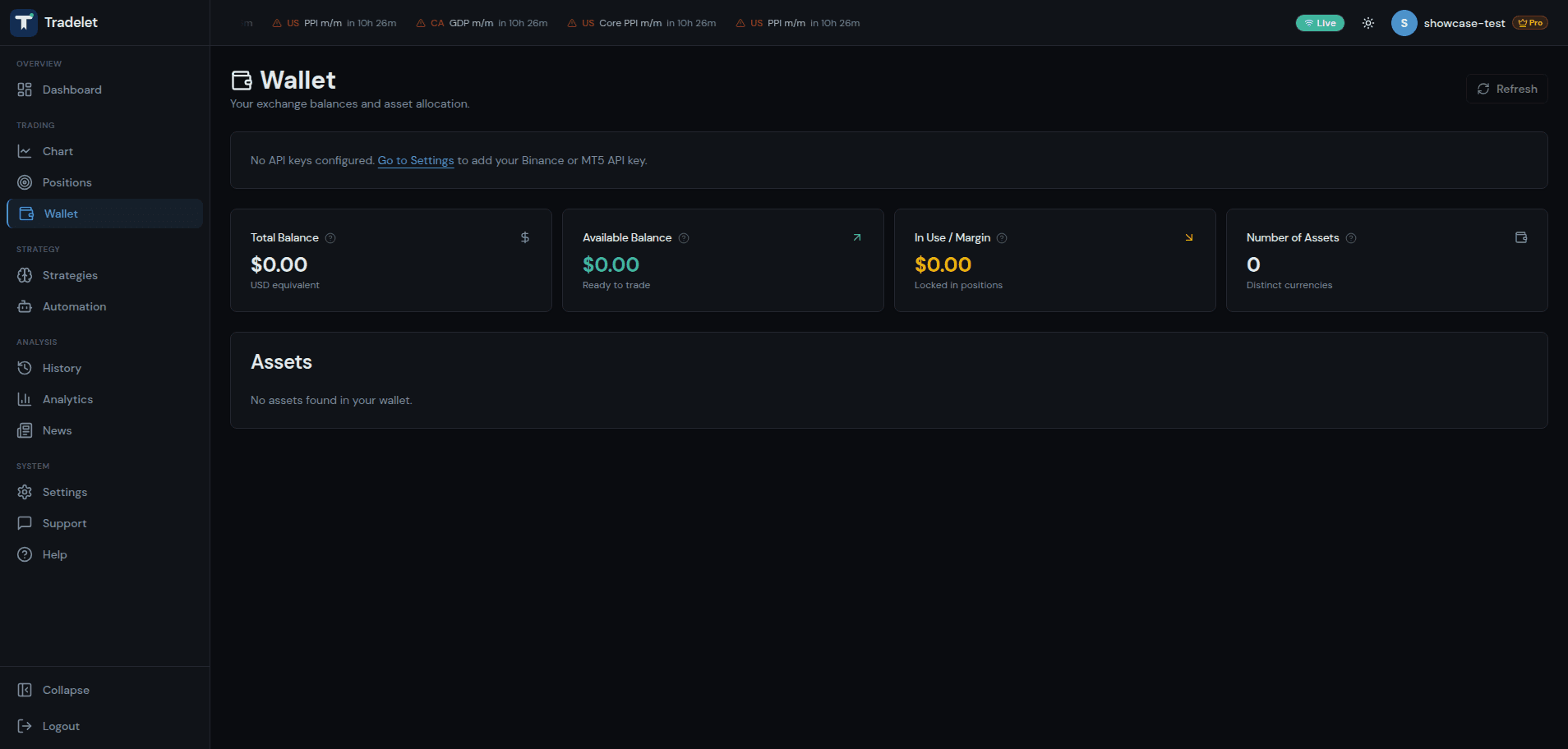Wallet with total balance, available balance, and margin in use